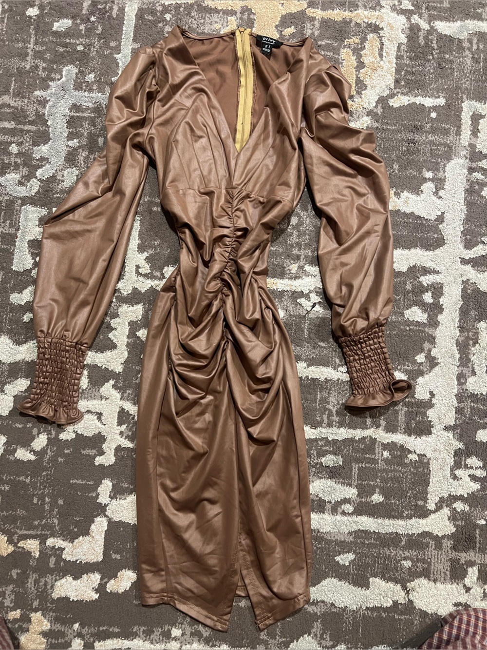 privy Brown Faux Leather Ruched Long Sleeve Jumpsuit